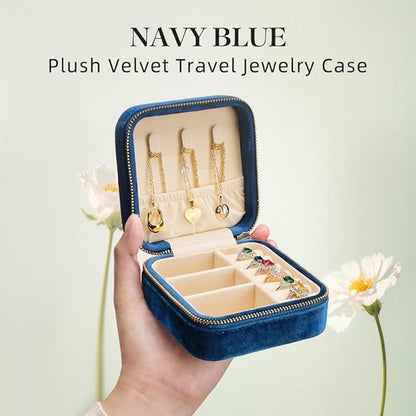 TAIMY Plush Velvet Travel Jewelry Box, Small Travel Jewelry Case, Portable Mini Jewelry Travel Organizer Boxes for Rings Earrings Necklaces Bracelets(Navy Blue,No Mirror)