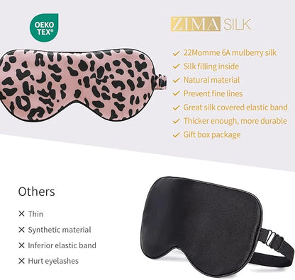 ZIMASILK Adjustable 100% 22 Momme Mulberry Silk Sleep Mask for Sleeping, Filled with Premium Mulberry Silk, Softest & Breathable Eye Sleeping Mask (Leopard - Black Pink)