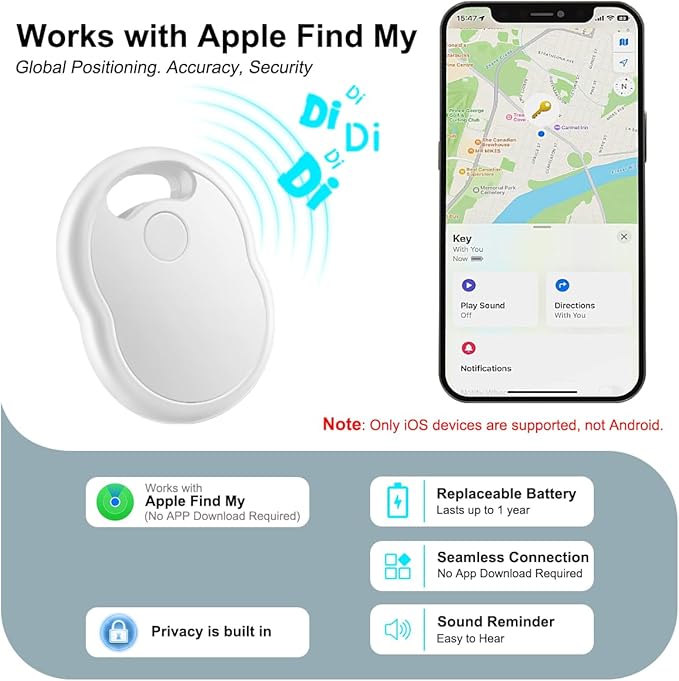 Air Tracker Tags-4 Pack, Bluetooth Tracker with Apple Find My APP (iOS Only), Smart Tag with 70dB Sound, Item Finder for Luggage, Key, Suitcase, Backpack, Replaceable Battery, White