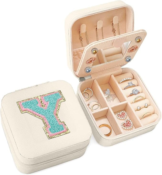 SANDJEST Personalized Jewelry Box, White Travel Jewelry Box with Initial Y, Small Monogrammed Jewelry Case Organizer for Girls Women Teen Kids, Mini Travel Essentials Gifts for Birthday Christmas