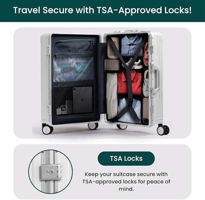 Nobl Travel Carry On Luggage, Noble Zipperless Aluminum Frame PC Hard Shell Suitcase, 22.5x15x9.5 Airline Approved, 360° Spinner Wheels, TSA Locks, USB Charging Port, Cup & Phone Holder - Ivory