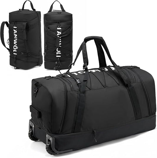 Fanwoli 92L 120L Large Rolling Duffle Bag with Shoes Compartment, 30’’ Expandable & Foldable Heavy Duty Water Resistant Travel Backpack, Convertible Foldable Duffel for Gym Camping Weekender