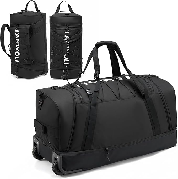 Fanwoli 85L 100L Large Rolling Duffle Bag with Shoes Compartment, 30’’ Expandable & Foldable Heavy Duty Water Resistant Travel Backpack, Convertible Foldable Duffel for Gym Camping Weekender