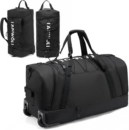 Fanwoli 85L 100L Large Rolling Duffle Bag with Shoes Compartment, 30’’ Expandable & Foldable Heavy Duty Water Resistant Travel Backpack, Convertible Foldable Duffel for Gym Camping Weekender