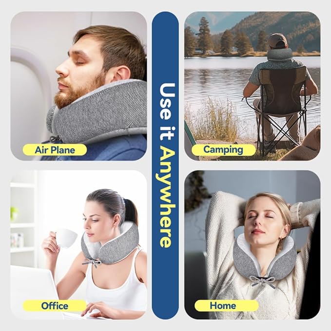 Memory Foam Neck Pillow for Travel Adjustable Airplane Pillow 100 Percent Memory Foam Ergonomic Support for Sleeping on Flights Cars Office Home Use for Adults Men Women