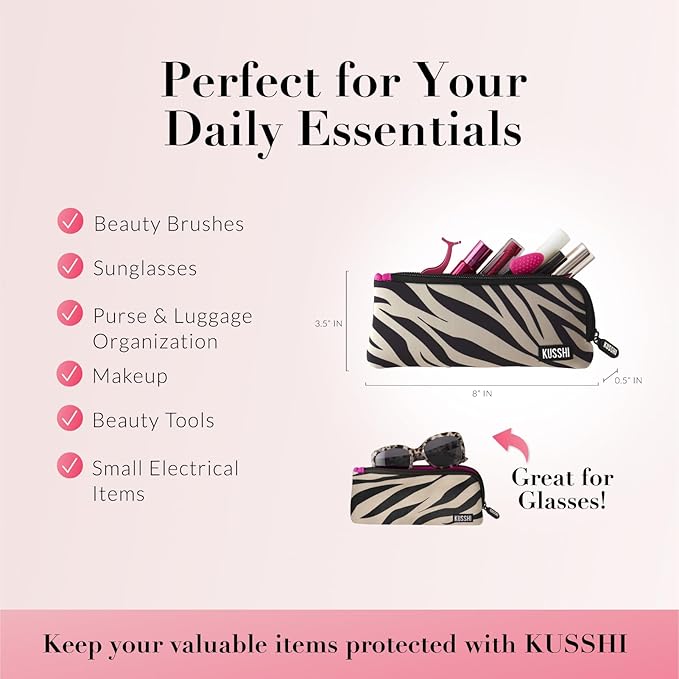 KUSSHI Neoprene Zipper Makeup Brush Pouch and Travel Pencil Case for Beauty Tools, Pencils, Brushes & Small Accessories - Makeup Brush Bag Pouch for Organization and Travel Items (Zebra/Fuchsia)