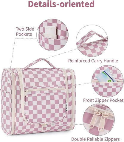Narwey Checked Hanging Travel Toiletry Bag for Women, Travel Bag for Toiletries, Makeup Bag Organizer Cosmetic Bags Make Up Bags for Women (Dusty Rose Checkerboard)