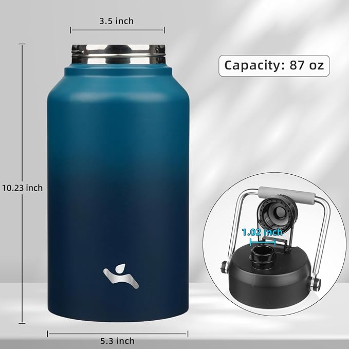 Jug with Handle,87 oz Insulated Water Bottle with Carrying Pouch, Double Wall Vacuum Stainless Steel Metal Bottle,Indigo Black