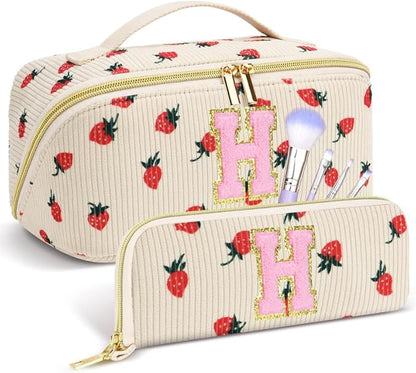 Personalized Travel Makeup Bag Set,Initial Travel Strawberry Makeup Organizer Bag,Toiletry Skincare Cosmetic Bag,Christmas Gifts for Women/Girls,Open Flat Toiletry Pouch with Brush Pocket-H