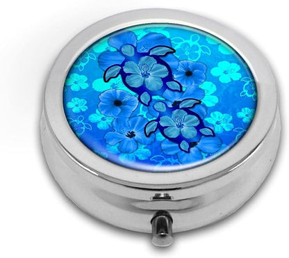 Pill Box,Blue Hibiscus Flower Turtles Round Pill Box 3 Compartment Decorative Pocket Purse Portable Mini Travel Medicine Tablet Vitamin Holder Organizer Pill Case