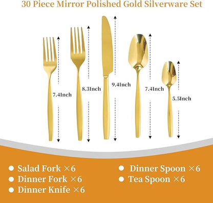 Gold 30-Piece Silverware Set,Stainless Steel Flatware Utensils Cutlery Set for 6,Including Steak Knife Fork and Spoon,Dishwasher Safe,Modern Tableware for Home & Dining
