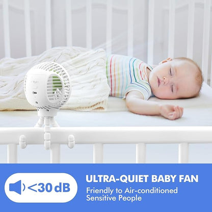 WiHoo Portable Stroller Fan, 11H Ultra-long Battery Life 3 Speed 360°Rotate, USB Rechargeable or Battery Operated Cooling Clip On Personal Fan for Baby Crib Travel Car Seat White