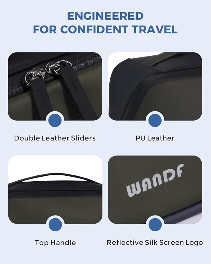 WANDF Toiletry Bag for Men, PU Leather Travel Organizer with Detachable Waterproof Hanging Pouch, Open-Flat Dopp Kit Shaving Bag with Wet Pocket for Travel Toiletries Accessories (Army Green)