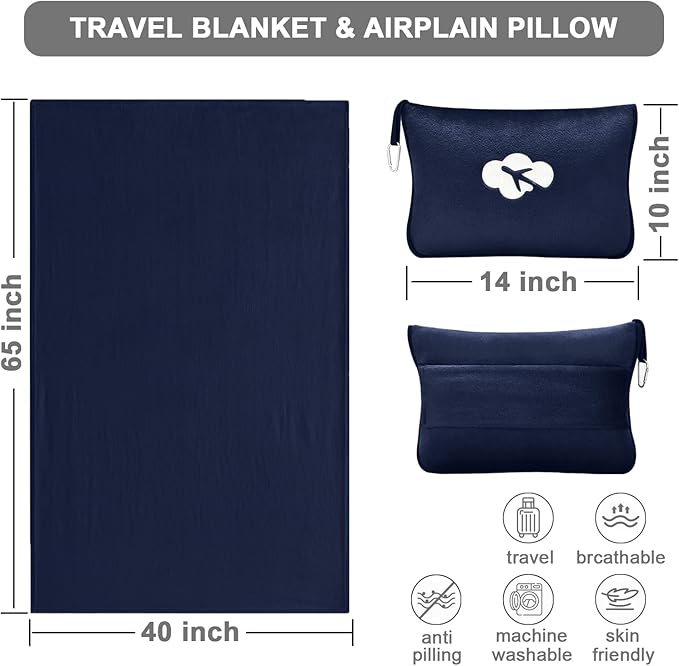 Travel Blanket and Pillow Compact, Premium Soft 2 in 1 Airplane Blanket with Soft Bag Pillowcase，Hand Luggage Sleeve and Backpack Clip (Navy)
