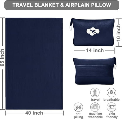 Travel Blanket and Pillow Compact, Premium Soft 2 in 1 Airplane Blanket with Soft Bag Pillowcase，Hand Luggage Sleeve and Backpack Clip (Navy)