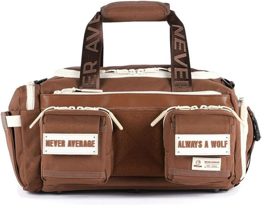 WOLFpak 20L Mini Duffle Bag for Gym & Travel | Waterproof Carry-On Weekender Bag with Shoe Compartment, Hard Bottom, and Tactical Molle System (Mocha Brown)