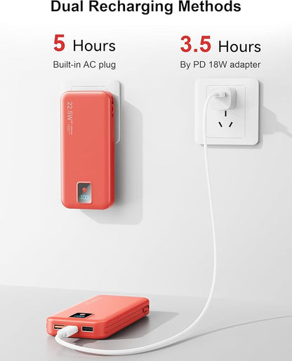 Portable Charger, 12000mAh 22.5W Fast Charging Power Bank with Built-in Cables & Wall Plug, Travel Essentials Battery Pack with LED Display, USB C External Battery Bank for iPhone iPad, Samsung Red