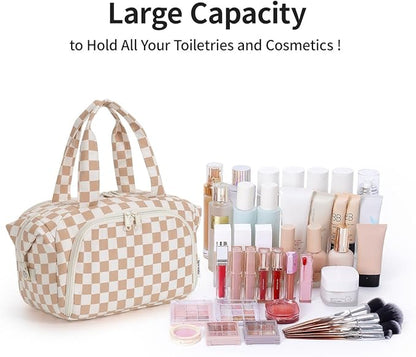Narwey Travel Toiletry Bag, Wide-open Large Toiletry Bags for Traveling Women, Checkered Travel Bag for Toiletries Cosmetic Makeup Bag Organizer, Skincare Make Up Bag (Light Checkerboard)