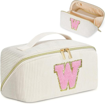 Personalized Initial Makeup Bag,Christmas Gifts for Girl,Preppy Bag Cosmetic Travel Bag Women,Travel Toiletry Organizer,Large Capacity Corduroy Stuff Bag,Cute Cosmetic Pouch Skincare Bag-W