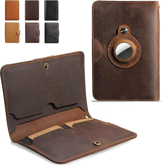 Genuine Leather Passport Holder with AirTag Slot | Bifold Wallet for Passport Book, Cards | Travel Essentials for Men & Women(5.9'' x 4.13'')