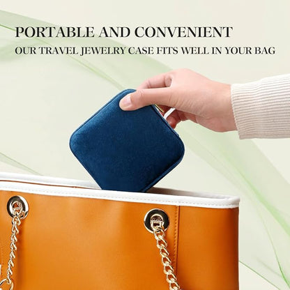 TAIMY Plush Velvet Travel Jewelry Box, Small Travel Jewelry Case, Portable Mini Jewelry Travel Organizer Boxes for Rings Earrings Necklaces Bracelets(Navy Blue,No Mirror)