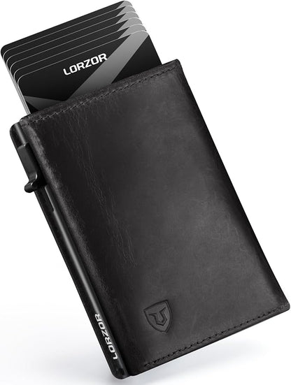 LORZOR Minimalist Wallet for Men with Credit Card Holder, Finest Full Grain Leather, Pop up Smart Wallet, Trifold Slim Wallet, RFID Blocking, Front Pocket, ID Window