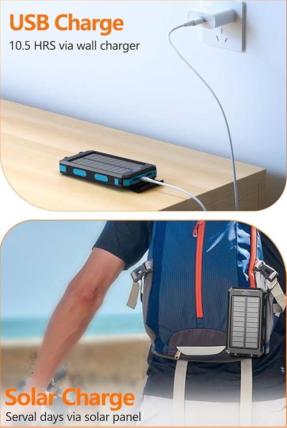 Power Bank 38800mAh Solar Portable Charger with USB-C 5V/2.4A Fast Charging Compatible with iPhone, with 2 LED Flashlights and IPX5 Waterproof External Backup Battery Pack Perfect for Camping, Hiking