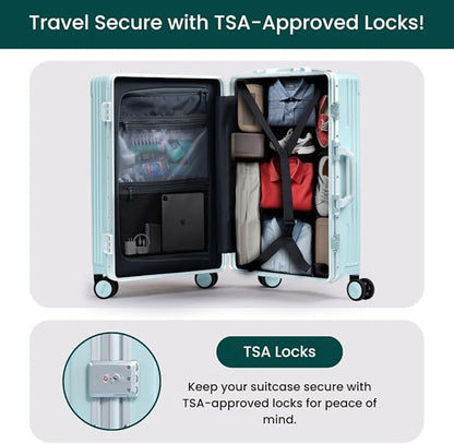 Nobl Travel Carry On Luggage, Noble Zipperless Aluminum Frame PC Hard Shell Suitcase, 22.5x15x9.5 Airline Approved, 360° Spinner Wheels, TSA Locks, USB Charging Port, Cup & Phone Holder - Powder Blue