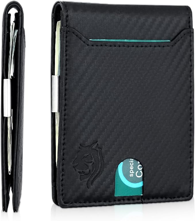 Mens Wallet | 11 Credit Card Holder | Built-In Money Clip | Slim Minimalist | RFID Blocking | Premium Leather | Gift for Him, Carbon, SNM097