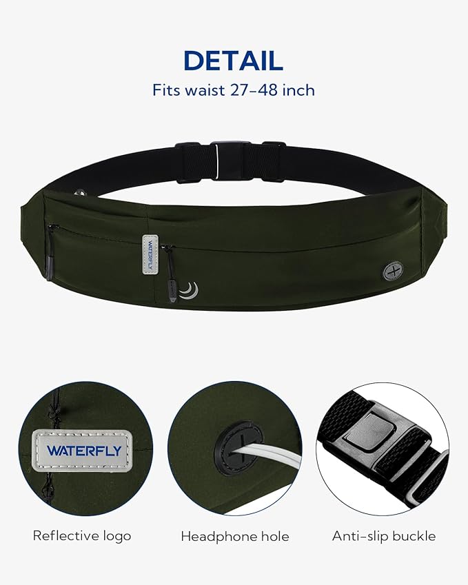 WATERFLY Running Belt Fanny Pack: Runner Marathon Jogging Waist Pack Sport Workout Exercise Fitness Phone Holder Belt for Men Women Jogger Slim Waistband Black