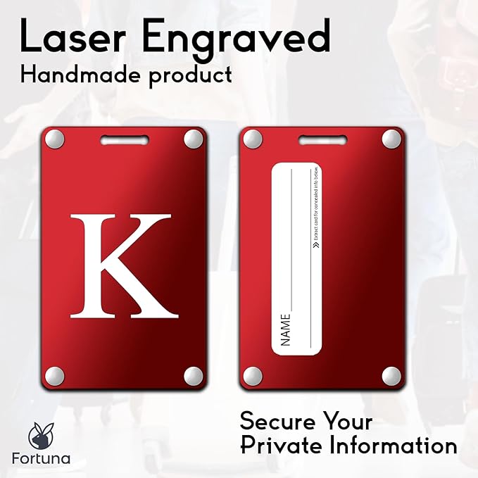 Premium 3-Layer Aluminum Luggage Tags by Fortuna - Easy to Claim, Laser-Engraved, Plastic-Free, and Eco-Friendly Luggage Tag Holders, 2-Pack, Red (K)
