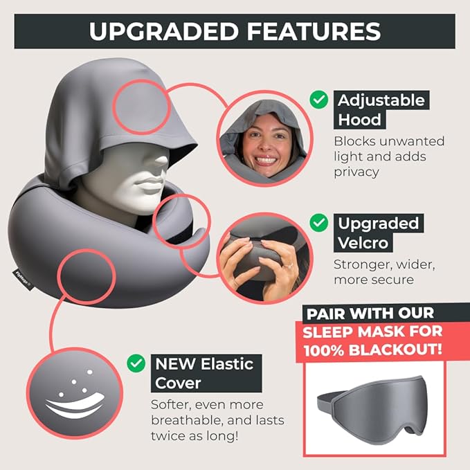 FlyHugz® 2.0 Hooded Travel Pillow – 2025 Original Release – Memory Foam Neck Pillow with Adjustable Hood & Premium Elastic Washable Cover – First Class Comfort for Flights, Road Trips & Sleep-Gray.