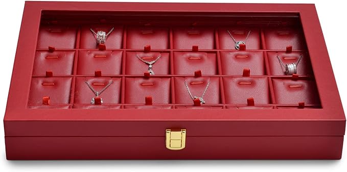 Oirlv Luxury Leather Necklace Tray with 24 Grid Removable Jewelry Cards Jewelry Organizer Box with Transparent Acrylic Lid Necklace Pendant Display Case