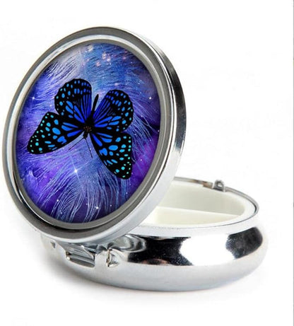 Pill Box,Butterfly Purple Galaxy Feather Round Pill Box 3 Compartment Decorative Pocket Purse Portable Mini Travel Medicine Tablet Vitamin Holder Organizer Pill Case