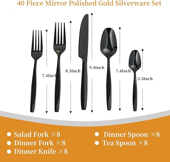 Black 40-Piece Silverware Set,Stainless Steel Flatware Utensils Cutlery Set for 8,Including Steak Knife Fork and Spoon,Dishwasher Safe,Modern Tableware for Home & Dining