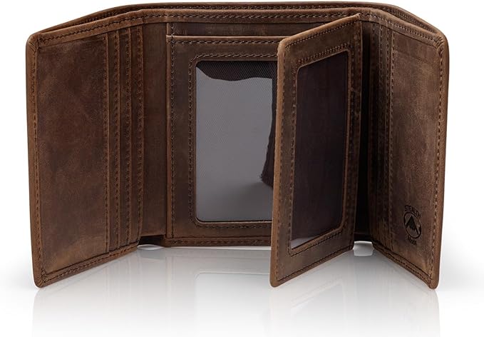 Stealth Mode Leather Trifold RFID Wallet For Men With Flip Out ID Holder (Crazy Horse Brown)