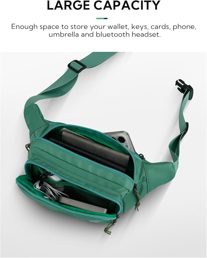 WATERFLY Fanny Pack Waist Packs: Large Crossbody Fanny Packs for Women Men with 5 Zipper Pockets Adjustable Strap Waist Bags Hip Pack for Traveling Cycling Running Hiking-Light Green