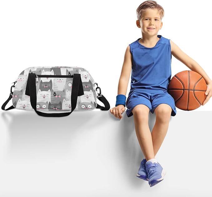Cute Grey Cats Pattern Gym Duffle Bag for Kids,Sports Bag for Teens Boys & Girls Small Waterproof Overnight Weekender Carry School Practice Travel Bag
