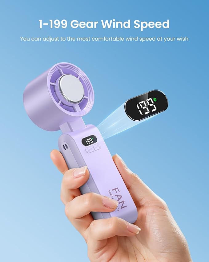 Handheld Portable Turbo Fan with Ice Cooler, Speed (1-199) 5500mAh Rechargeable Personal Fan,[20H Cooling Time] Mini Yet Powerful [20000 RPM] Small Pocket Fans for Travel/Outdoor/Home/Office, Purple