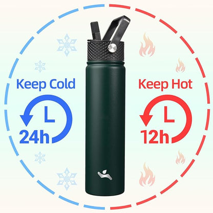 Insulated Water Bottle 24oz Stainless Steel Sport Bottles with 3 Lids,Army Green