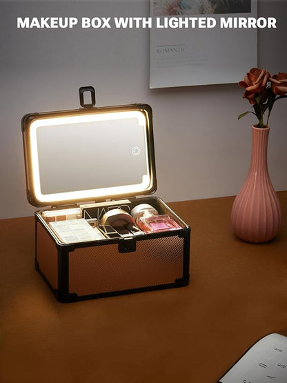 Qislee Makeup Box Mini with A Detachable Lighted Mirror, Waterproof Small Makeup Case,Cosmetic Organizer and Travel Train Case with Magnetic LED Mirror(Black Frame Rose Gold)