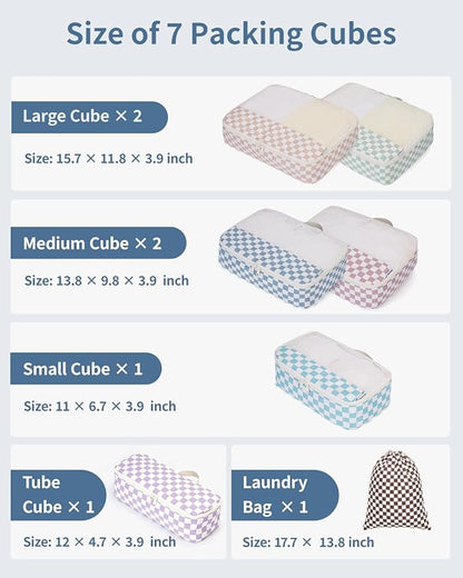 Narwey 7 Set Checkered Packing Cubes for Travel Carry on Suitcase Luggage Organizer Bags for Kids Women Men, Durable Packing Organizers Bag, Travel Essentials Accessories (Combined Checkerboard)