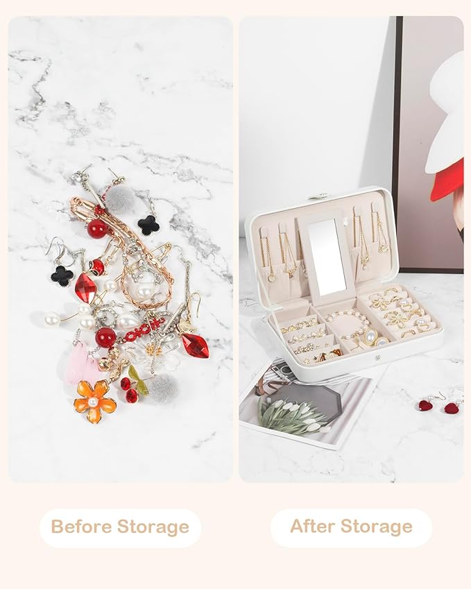 GUKA Travel Jewelry Case, Portable Jewelry Travel Organizer, PU Travel Jewelry Case Organizer for Rings Earrings Necklaces Bracelets Watch for Birthday Wedding Gifts. White