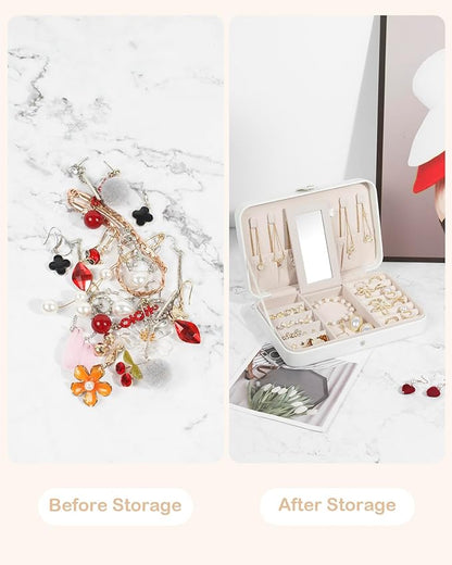 GUKA Travel Jewelry Case, Portable Jewelry Travel Organizer, PU Travel Jewelry Case Organizer for Rings Earrings Necklaces Bracelets Watch for Birthday Wedding Gifts. White