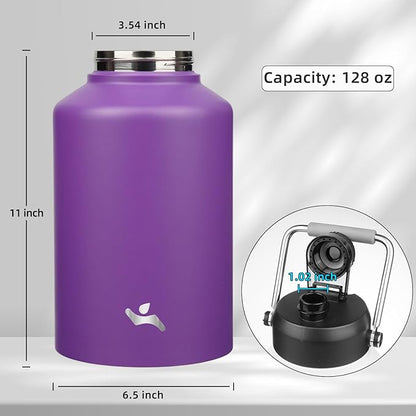 1 Gallon Jug with Handle,128 oz Insulated Water Bottle with Carrying Pouch, Double Wall Vacuum Stainless Steel Metal Bottle,Purple