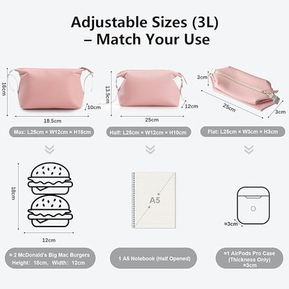 Vomgomfom 3L 6.5 Inch Silicone Toiletry Bag, Waterproof Leakproof Travel Cosmetic Organizer, Adjustable G-Buckle Compression Dopp Kit, Foldable Makeup Bag for Women & Men, Pink
