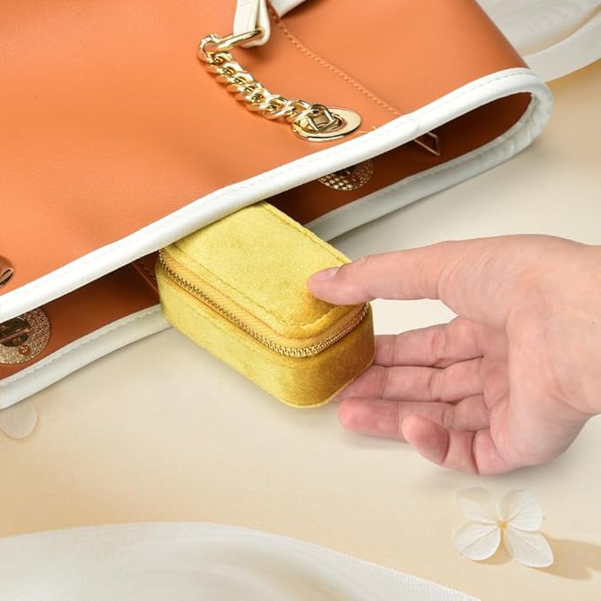 TAIMY Small Travel Jewelry Case, Mini Tiny Plush Velvet Jewelry Box for Women and Girls, Pocket Size Jewelry holder organizer for Rings Earrings and Small Items(Yellow)