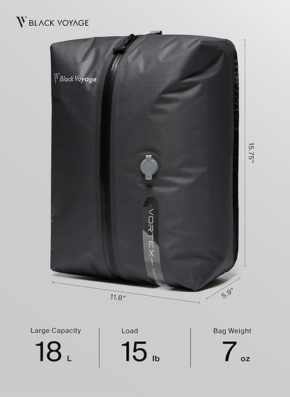 Black Voyage Reusable Vacuum Compression Travel Bag for Carry-On Suitcase and Backpack, Recycled IP67 Waterproof Space Saver Vacpack (2-Pack, 18L - No Pump)