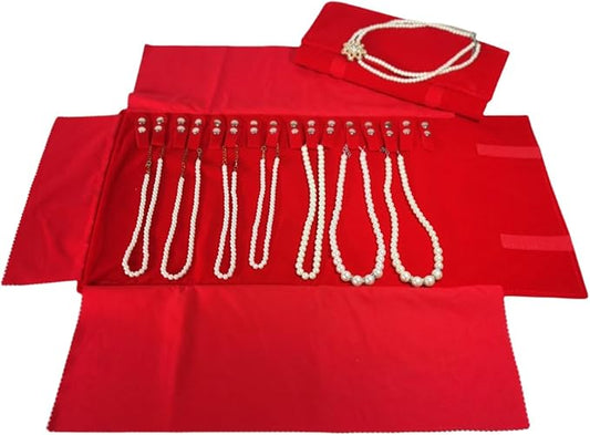 Premium Jewelry Roll Organizer for 16 Necklaces 55cm x 29cm Metal Snap & Velcro Closure - Ideal for Travel and Storage (Red)