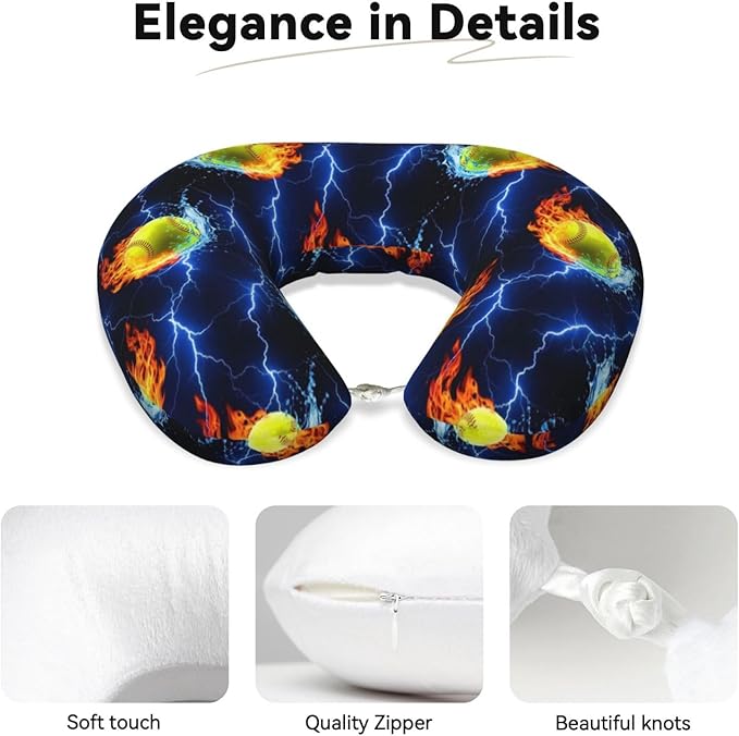 Neck Travel Pillow, Breathable Memory Foam Chin & Head Support Cushion Blue Lightning Water Fire Flame Softball for Airplane Car Sleeping Rest